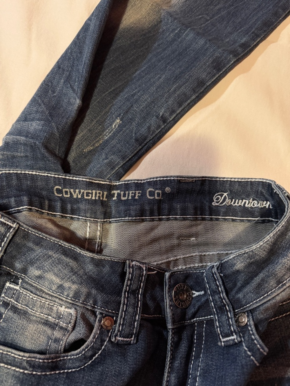 Cowgirl Tuff “Downtown” Embellised Blue Boot Cut Jeans with Vintage Fading - Picture 3 of 6